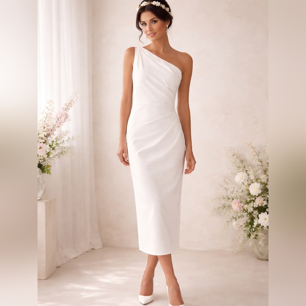 Seven Wonders๐คOne-ShoulderFITTED, SHEATH Midi Lgth 51" COTTON/LINEN+Pockets SzL
